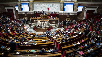 L'hémicycle de l'Assemblée nationale, à Paris, le 31 octobre 2024. (XOSE BOUZAS / HANS LUCAS / AFP)