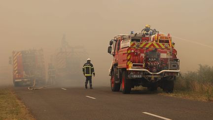 Les pompiers luttent contre les flammes entre Louchats et Saint-Symphorien (Gironde), le 18 juillet 2022.&nbsp; (MAXPPP)