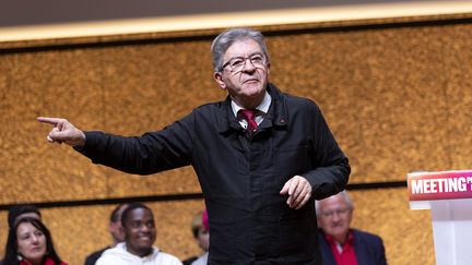 Jean-Luc Mélenchon lors d'un meeting sur la réforme des retraites, à Montpellier, le 16 février 2023. (GUILLAUME BONNEFONT / MAXPPP)