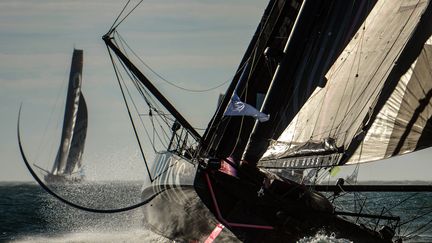 Le skipper Alex Thomson sur son Imoca.  (JEAN-FRANCOIS MONIER / AFP)