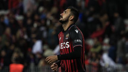 Gaëtan Laborde lors de l'élimination de Nice en Ligue Europa conférence face à Bâle, le 20 avril 2023. (VALERY HACHE / AFP)