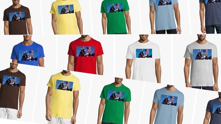 Une collection de t-shirts avec la photo de Donald Trump le poing levé après la tentative avortée d'assassinat, le 13 juillet 2024. (FRANCEINFO / RADIOFRANCE)