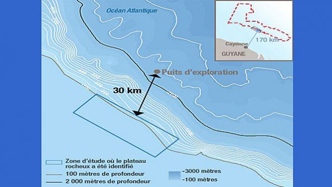 Carte de localisation du puits d'exploration pétrolifère au large de la Guyane, qui doit être exploité&nbsp;par Total à&nbsp;partir de fin 2018, début 2019.&nbsp;&nbsp; (TOTAL)