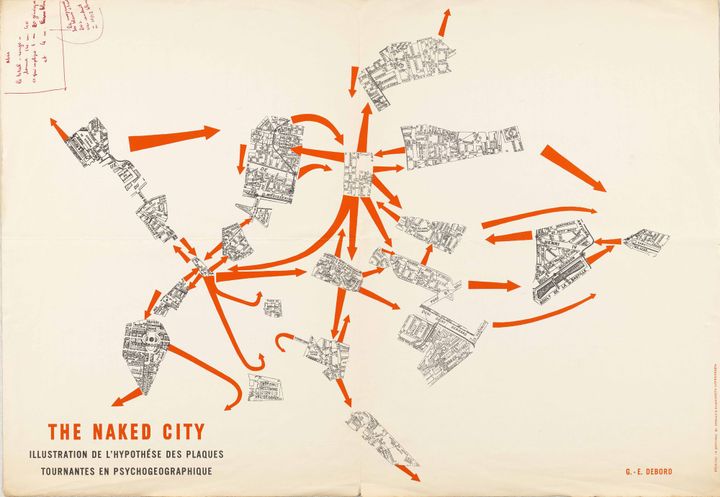 Guy Debord, The Naked City, , "Illustration de l'hypothèse des plaques tournantes en psychogéographique", plan imprimé à Copenhague en mai 1957
 (BnF, dpt. Manuscrits, fonds Guy Debord)