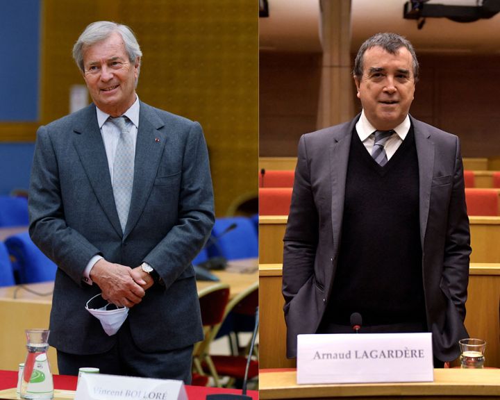 Vincent Bolloré (à gauche) et Arnaud Lagardère (à droite) devant la commission d'enquête parlementaire sur la concentration des médias, au Sénat français. (THOMAS SAMSON - JULIEN DE ROSA / AFP)