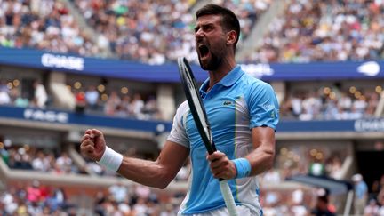 Novak Djokovic après sa victoire en quarts de finale de l'US Open 2023 contre Taylor Fritz. (AL BELLO / AFP)