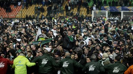 Les supporters de Saint-Etienne sur la pelouse de Geoffroy-Guichard après la qualification de l'Asse face à Lille en demi-finale de la Coupe de la Ligue