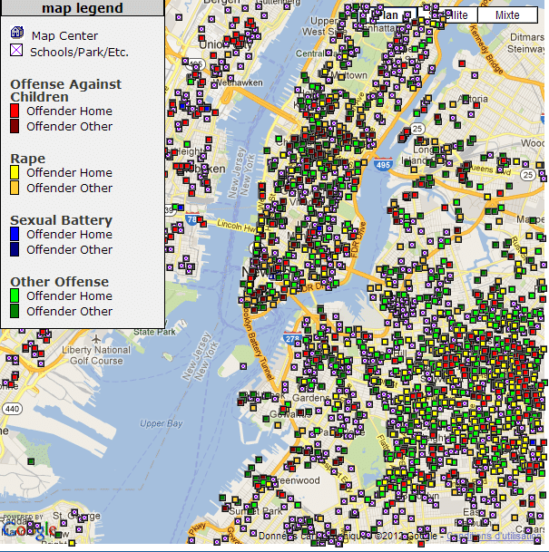 Depuis 2005, le site Family Watchdog.com r&eacute;pertorie les noms et adresses des d&eacute;linquants sexuels. (GOOGLE MAPS / FAMILY WATCHDOG.COM)