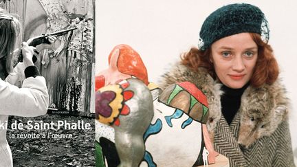 A droite, Niki de Saint-Phalle dans les années 1970, à gauche, la couverture de sa biographie par Catherine Francblin ("Niki de Saint Phalle, la révolte à l'oeuvre")
 (Ginies / SIPA)