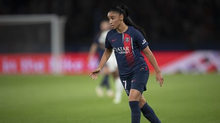 La joueuse du PSG Sakina Karchaoui lors du match contre l'Olympique lyonnais, le 1er octobre, en D1 Arkema (FR?D?RIQUE GRANDO / MAXPPP)