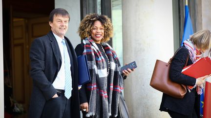 Nicolas Hulot et Laura Flessel, tous deux ministres démissionnaires (ici sur le perron de l'Elysée, à Paris, le 21 mars 2018). (FR?D?RIC DUGIT / MAXPPP)