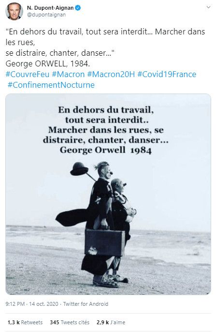 Un tweet de Nicolas Dupont-Aignan reproduisant une fausse citation de George Orwell, le 14 octobre 2020. (TWITTER)