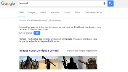 Capture écran d'une page Google, effectuée vendredi 20 novembre 2015, avec l'application qui remplace le mot anglais "terrorist" (terroriste) par "coward" (lâche). (GOOGLE)