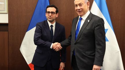 Foreign Minister Stéphane Sejourne and Israeli Prime Minister Benjamin Netanyahu, February 5, 2024. (Gil Cohen-Megan/AFP)