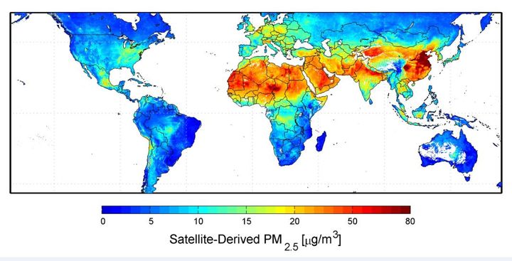 Carte de la r&eacute;partition des taux de&nbsp;particules fines PM 2,5 entre 2001 et 2006, publi&eacute;e en septembre 2010 par la Nasa.&nbsp;&nbsp; (NASA.GOV)