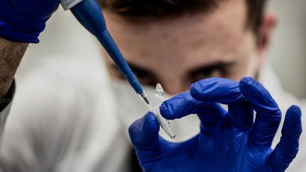 Un chercheur&nbsp;travaille sur des échantillons de&nbsp;virus&nbsp;pour trouver des variants, au laboratoire de l'hôpital de la Croix-Rousse à Lyon, le 14 janvier 2021. (JEFF PACHOUD / AFP)