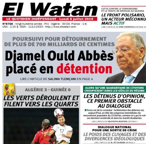 La Une de El Watan le 8 juillet 2019 (El Watan)