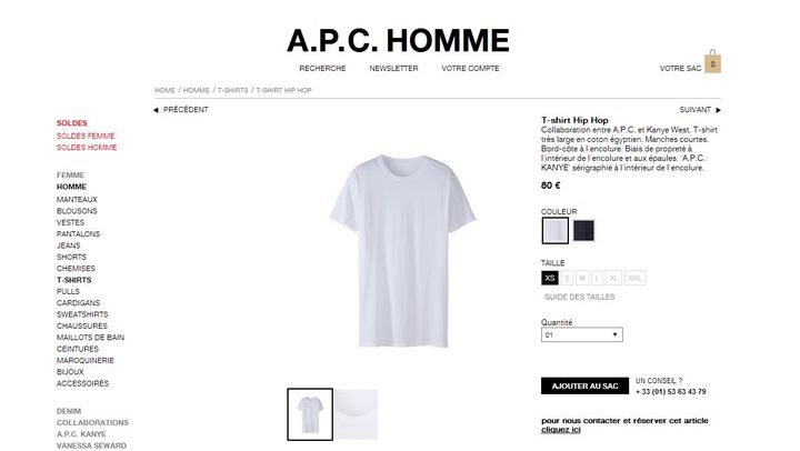 Capture d'&eacute;cran du site de la marque fran&ccedil;aise A.P.C. vendant un t-shirt sigl&eacute; Kanye West &agrave; 80 euros.&nbsp; (APC / FRANCETV INFO)