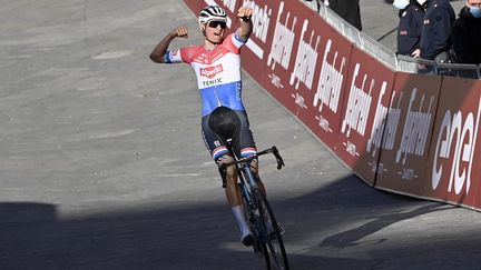 Mathieu Van der Poel exulte sur la ligne d'arrivée à Sienne. (DIRK WAEM / BELGA MAG)