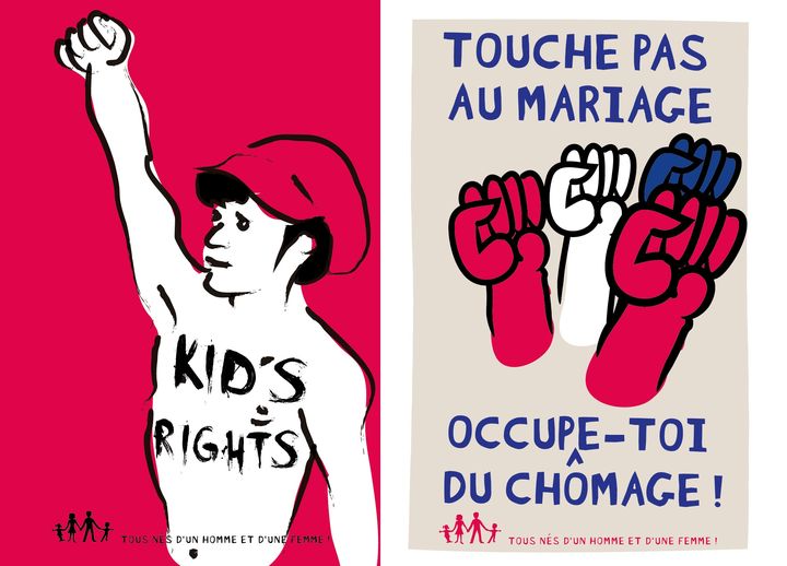 Montage de quelques-unes des affiches propos&eacute;es par le collectif La Manif pour tous.&nbsp; (LA MANIF POUR TOUS / FRANCETV INFO)