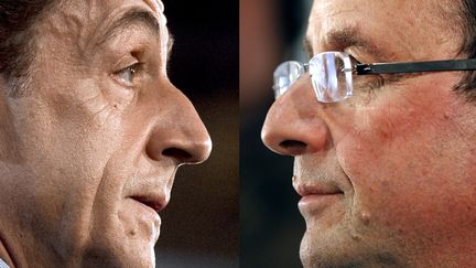 48% des personnes interrog&eacute;es pronostiquent la victoire de Fran&ccedil;ois Hollande et 35% celle de Nicolas Sarkozy. (FRED DUFOUR / PATRICK KOVARIK / AFP)