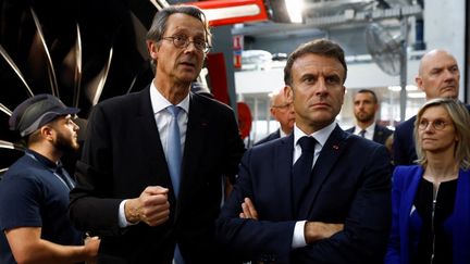 President Emmanuel Macron at the Safran factory in Villaroche (Seine-et-Marne), June 16, 2023. (GONZALO FUENTES / POOL / AFP)