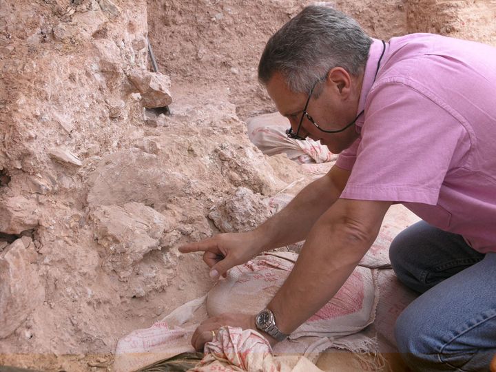 Le paléoanthropologue&nbsp;Jean-Jacques Hublin&nbsp;sur le site de Jebel Irhoud, au Maroc. Il montre le crâne humain découvert lors des fouilles.&nbsp; (SHANNON MCPHERRON / MPI EVA LEIPZIG)