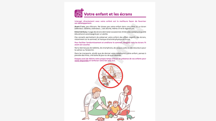 Le nouveau carnet de santé donné aux parents contient une page pour sensibiliser aux dangers liés aux écrans. (CAPTURE D'ECRAN / MINISTERE DE LA SANTE)