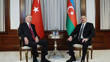 Azeri President Ilham Aliev during his meeting with Turkish President Recep Tayyip Erdogan, September 25, 2023. (HANDOUT / TURKISH PRESIDENCY PRESS OFFICE / AFP)