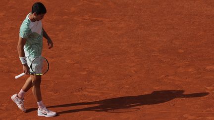 Carlos Alcaraz lors de sa demi-finale à Roland-Garros face à Novak Djokovic, le 9 juin 2023. (THOMAS SAMSON / AFP)