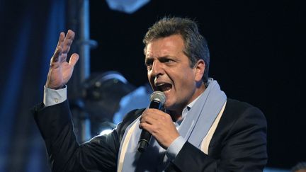 Sergio Massa, Argentine Minister of Economy and presidential candidate, speaks to his activists after the first round of the election, October 22, 2023 in Buenos Aires.  (JUAN MABROMATA / AFP)