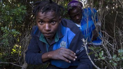 Deux migrants subsahariens dans la fôret tentent de rejoindre l'enclave espagnole de Ceuta depuis le Maroc, le 5 juillet 2018. (Photo AFP¨/Fadel Senna)