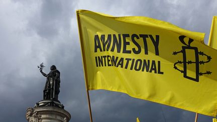 Des manifestants agitent le drapeau d’Amnesty International lors d’une manifestation de solidarité avec les migrants sur la place de la République, à Paris le 5 septembre 2015. (GUILLEMETTE VILLEMIN / AFP)