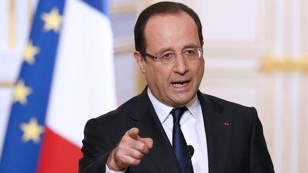 Le pr&eacute;sident de la R&eacute;publique lors d'une conf&eacute;rence de presse &agrave; l'Elys&eacute;e, &agrave; Paris, le 10 avril 2013. (PATRICK KOVARIK / AFP)