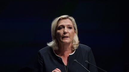 La présidente du Rassemblement national, Marine Le Pen, lors d'un discours à Frejus (Var), le 15 septembre 2019. (CLEMENT MAHOUDEAU / AFP)