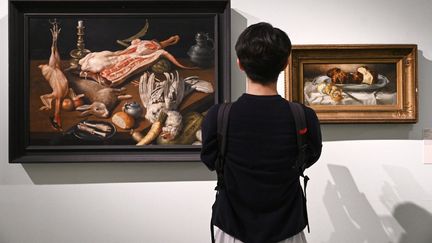 Une jeune visiteur devant des toiles de l'exposition "Passé, présent, avenir d'oeuvres récupérées en Allemagne en 1945",&nbsp;jusqu'au 15 mai 2023 à la galerie Heitz du Palais Rohan, à Strasbourg. (FREDERICK FLORIN / AFP)