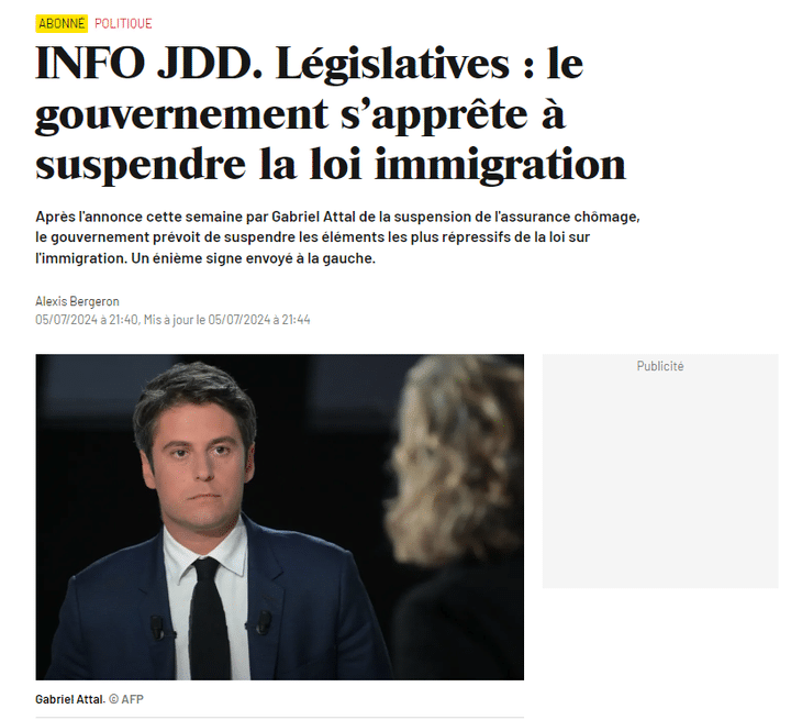 Une capture d'écran de la première version de l'article publié par le Journal du dimanche, le 5 juillet 2024, titrant : "Le gouvernement s'apprête à suspendre la loi immigration." (JOURNAL DU DIMANCHE / CAPTURE D'ECRAN)