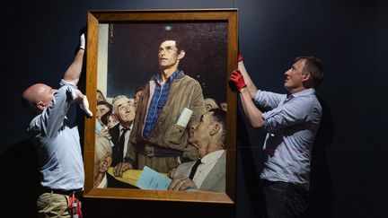 Installation de l'exposition : Rockwell, Roosevelt et les quatre libertés.&nbsp; Sur la photo " Freedom of Speech ". (PHILIPPE RENAULT / MAXPPP)