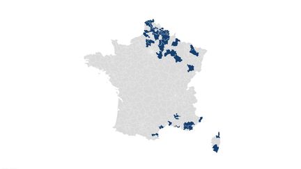 Les circonscriptions législatives dans lesquelles Marine Le Pen est arrivée en tête au second tour de l'élection présidentielle, le 7 mai 2017. (CARTO / FRANCEINFO)