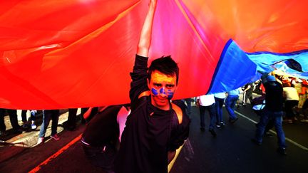 Un &eacute;tudiant marche sous un drapeau g&eacute;ant lors d'une manifestation anti-gouvernementale &agrave; Caracas (Venezuela), le 15 f&eacute;vrier 2014. (JUAN BARRETO / AFP)