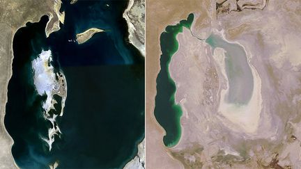 &nbsp; (Les images satellites de la mer d'Aral, prises par l'agence spatiale américaine. © Nasa)