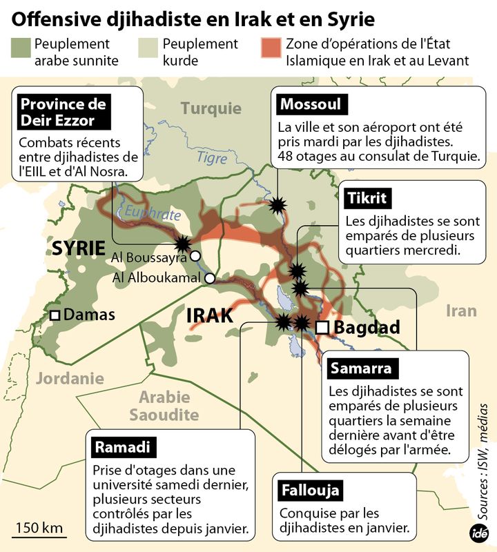 &nbsp; (Les villes et zones contrôlées par les djihadistes en Irak et en Syrie © Idé)