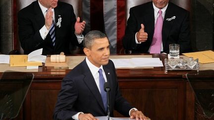 B. Obama pendant le discours: à gauche, le vice-président J. Biden; à sa droite, le speaker de la Chambre, J. Boehner (Alex Wong - Getty Images - AFP)