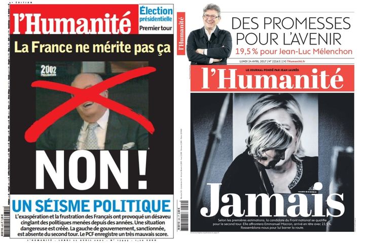 Unes du quotidien "L'Humanité"&nbsp;du 22 avril 2002 et du 24 avril 2017. (L'HUMANITE)