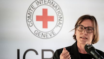 La présidente du Comité international de la Croix-Rouge (CICR), Mirjana Spoljaric Egger, s'exprime à Avully, en Suisse, le 7 juin 2023. (FABRICE COFFRINI / AFP)