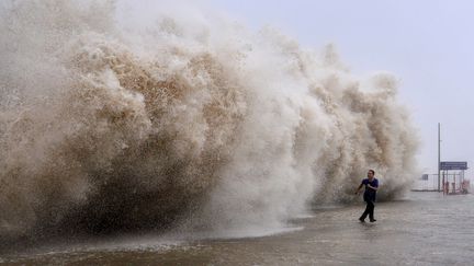 Un homme tente d'&eacute;chapper &agrave; une vague g&eacute;ante provoqu&eacute;e par le typhon Usagi, le 22 septembre 2013 &agrave; Shantou, dans la province chinoise du Guangdong.&nbsp; ( AFP )