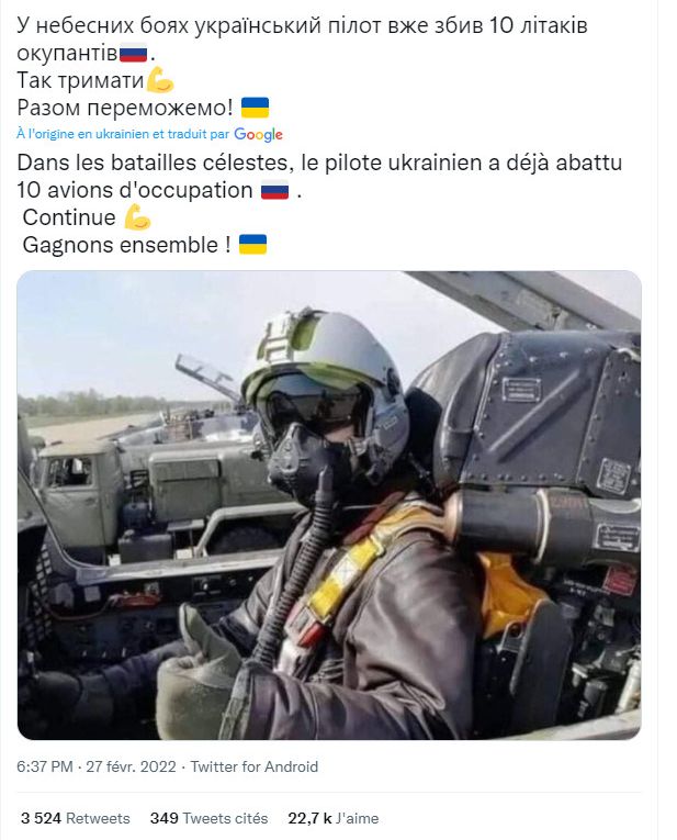 L'armée ukrainienne a assuré sur Twitter, le 27 février 2022, qu'un de leurs pilotes avait abattu dix avions russes. Or la photo&nbsp;qui accompagne la publication&nbsp;a été prise bien avant la guerre. (CAPTURE D'ECRAN TWITTER)