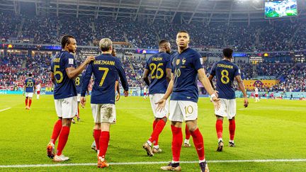 Kylian Mbappé célèbre son but face au Danemark en Coupe du monde, le 26 novembre 2022, dans le stade 974 de Doha. (NIGEL KEENE / AFP)