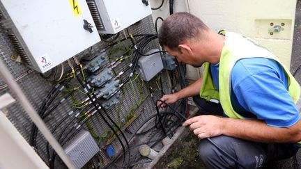 Un technicien installe la fibre optique&nbsp;en Moselle, le 30 septembre 2016. (MAXPPP)