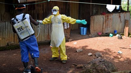 Des employ&eacute;s de la Croix rouge sierra-l&eacute;onaise d&eacute;sinfectent une combinaison de protection, &agrave; Freetown&nbsp;le 12 novembre 2014. (FRANCISCO LEONG / AFP)